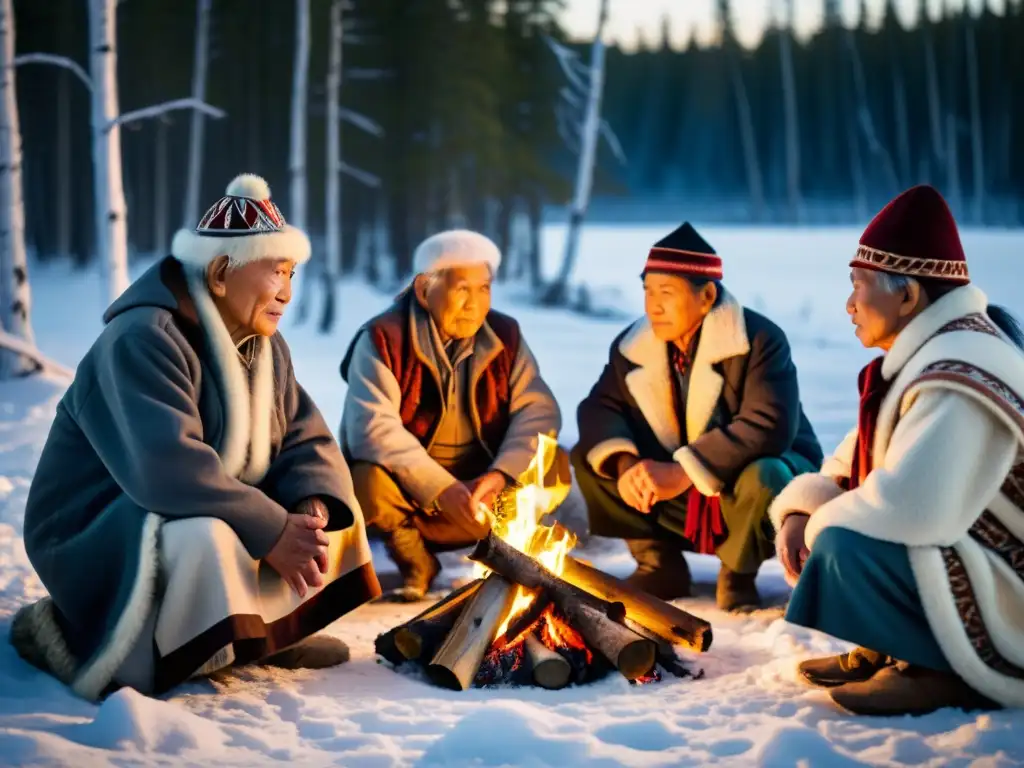 Grupo de ancianos de comunidades indígenas siberianas compartiendo sabiduría ancestral alrededor del fuego en el bosque nevado