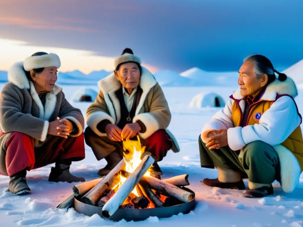 Grupo de ancianos Chukchi comparten Cuentos Chukchi narrativa oral alrededor del fuego en la tundra nevada, con expresiones intensas y gestos animados