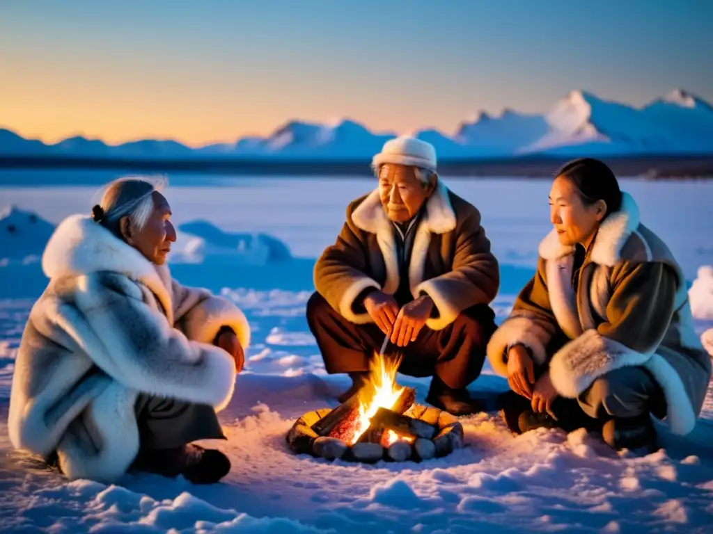 Grupo de ancianos Chukchi comparten Cuentos Chukchi narrativa oral alrededor de la fogata en la tundra nevada