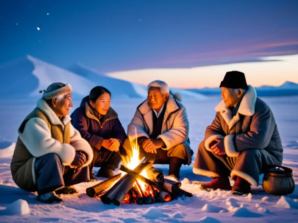 Grupo de ancianos Chukchi comparten cuentos tradicionales alrededor de la fogata en la tundra siberiana, envueltos en sabiduría y calidez