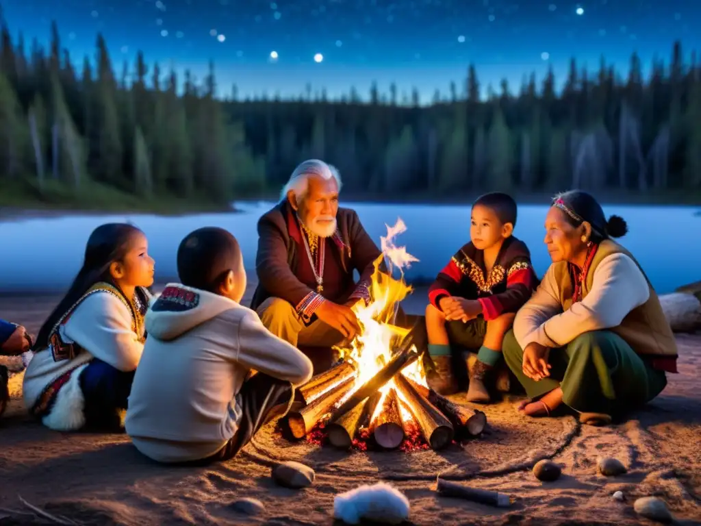 Un grupo de ancianos y niños Cree se reúnen alrededor de una fogata, en la noche, mostrando el resurgimiento de la educación cultural Cree