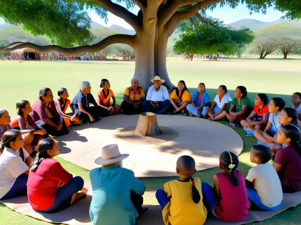 Grupo de ancianos indígenas comparte transmisión oral de herencia cultural con jóvenes bajo un árbol frondoso, creando un impacto atemporal