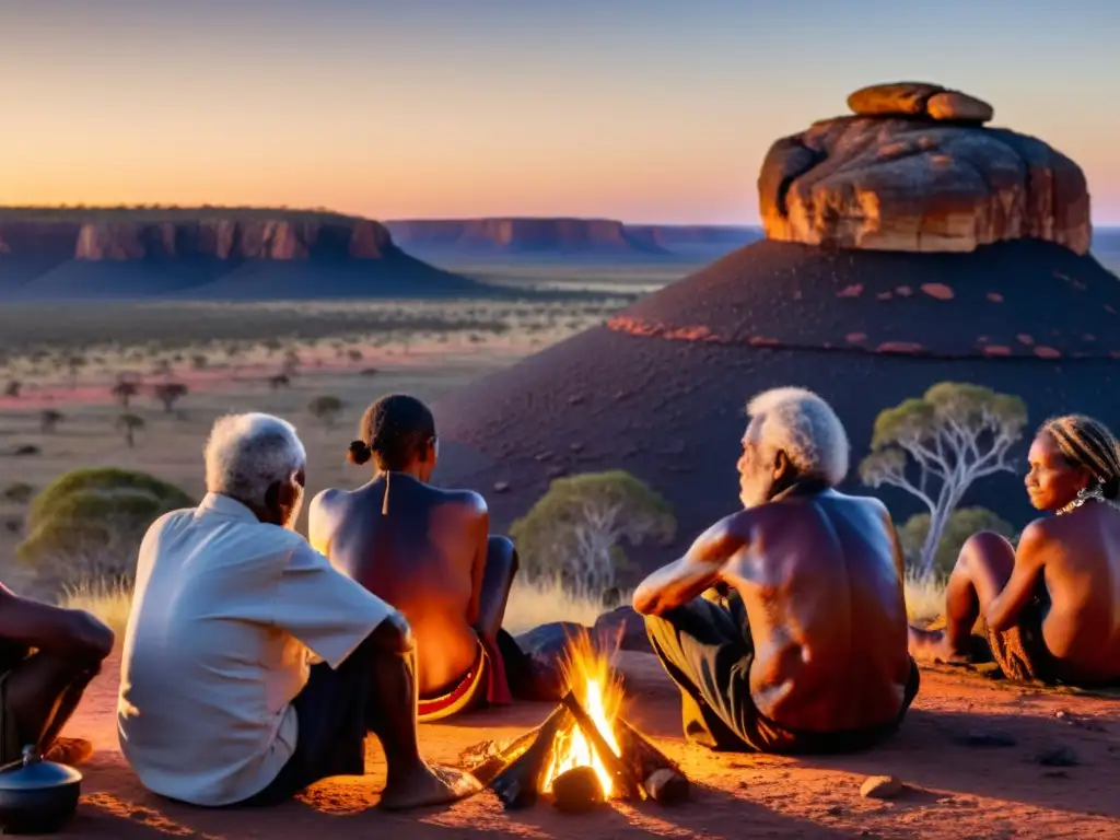 Grupo de ancianos aborígenes comparten historias alrededor de una fogata en el Outback australiano, con arte rupestre aborigen en el fondo