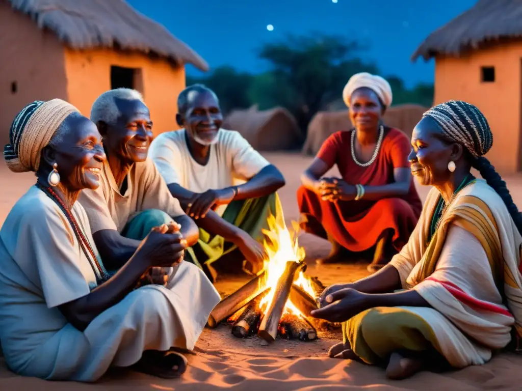 Grupo de ancianos comparten historias alrededor del fuego en una aldea senegalesa, capturando la influencia de la literatura oral en la sociedad africana