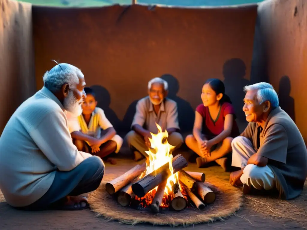 Grupo de ancianos comparten historias junto al fuego, influencia literatura oral sociedad africana se refleja en la escena estelar y emotiva