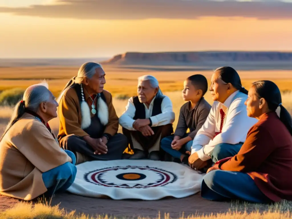 Grupo de ancianos y niños Lakota comparten historias y sabiduría, mientras preservan el idioma ancestral Lakota al atardecer en las praderas