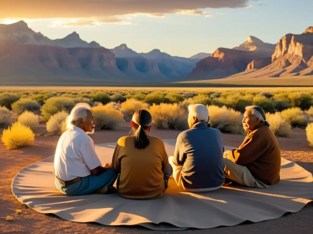 Grupo de ancianos Shoshone comparten historias y tradiciones en círculo, preservación del idioma Shoshone en el oeste americano al atardecer