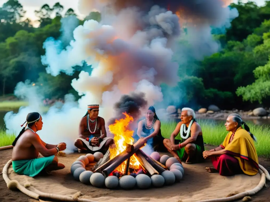 Un grupo de ancianos indígenas realiza una ceremonia en honor a los elementos sagrados, con colores vibrantes y una conexión espiritual profunda