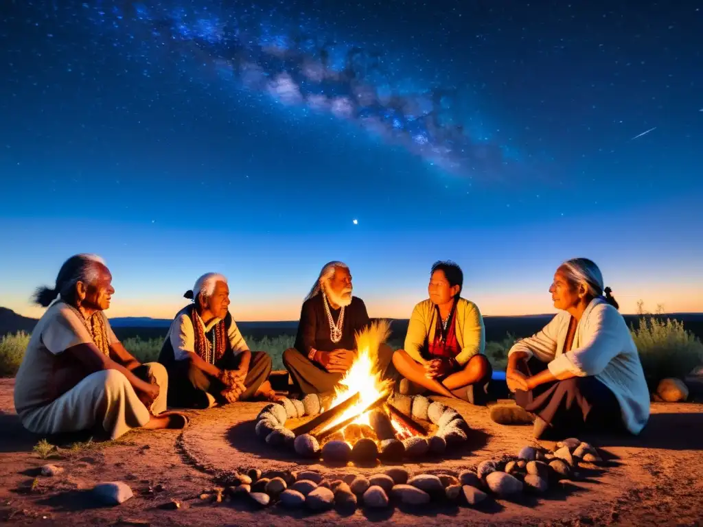 Grupo de ancianos indígenas comparten historias alrededor del fuego, transmitiendo oralmente su herencia cultural a los niños maravillados