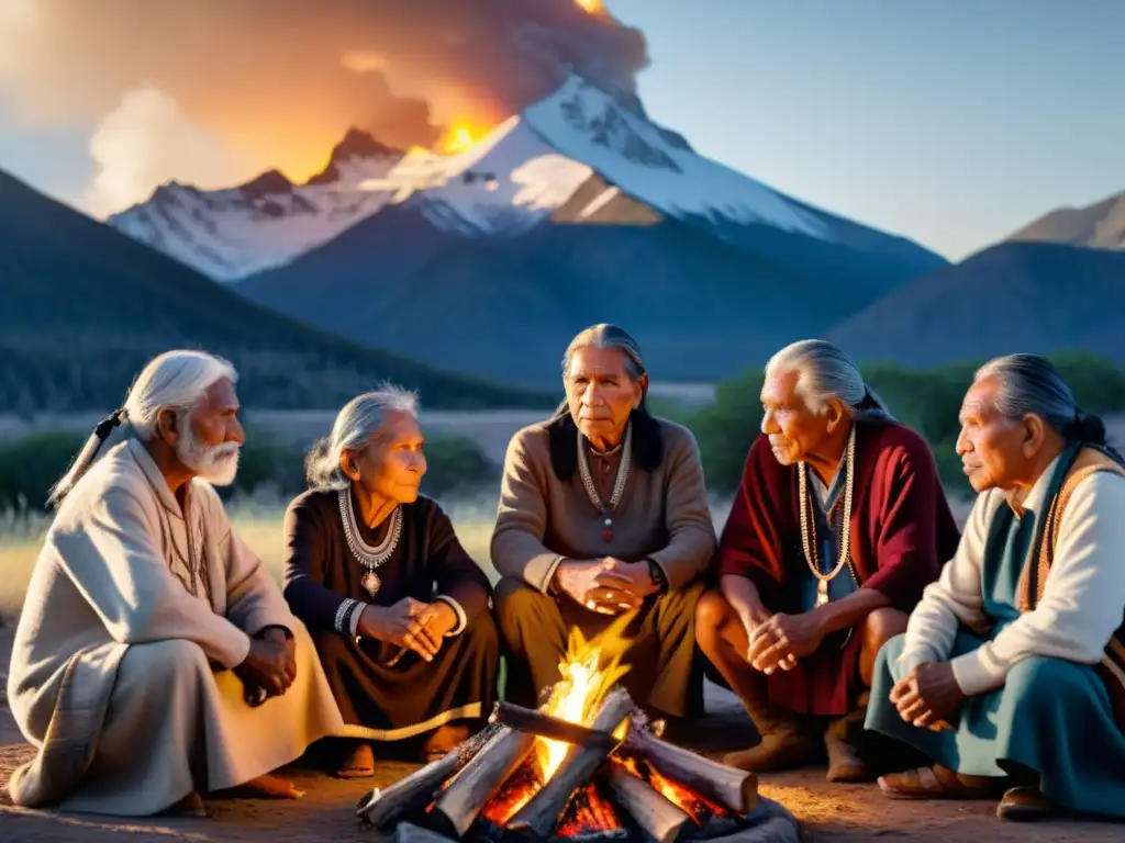 Grupo de ancianos indígenas compartiendo tradición oral junto al fuego, reflejando sabiduría y conexión con la naturaleza ante el cambio climático