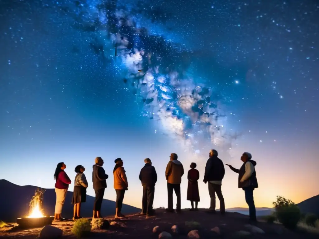 Grupo de ancianos indígenas compartiendo sabiduría astronómica bajo un cielo estrellado, iluminados por la hoguera