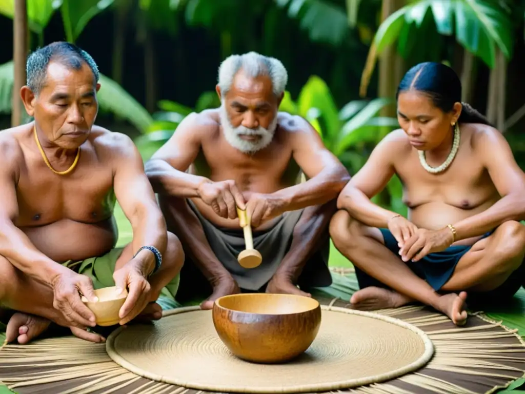 Un grupo de ancianos micronesios participa en un intercambio de kava en Micronesia, rodeados de naturaleza exuberante y edificaciones tradicionales