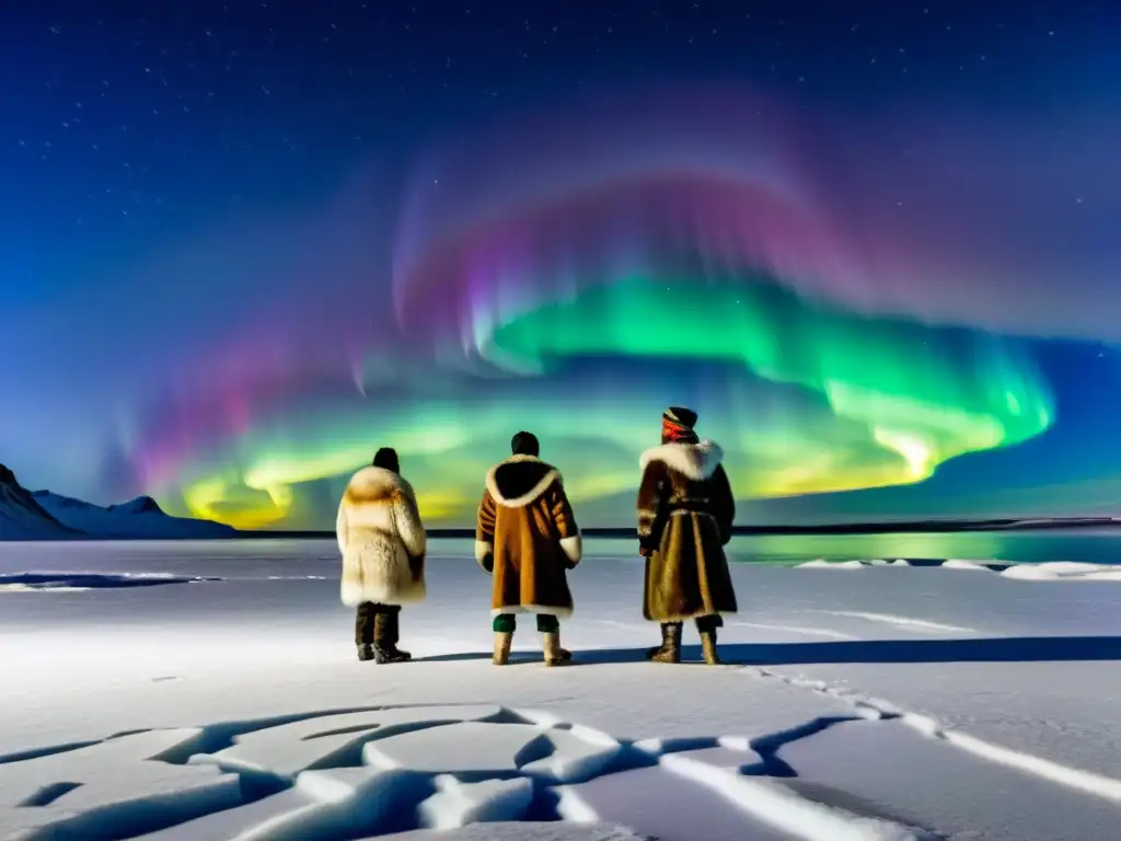 Grupo de ancianos inuit observan la ceremonia de mayoría de edad en un lago ártico con auroras boreales de fondo