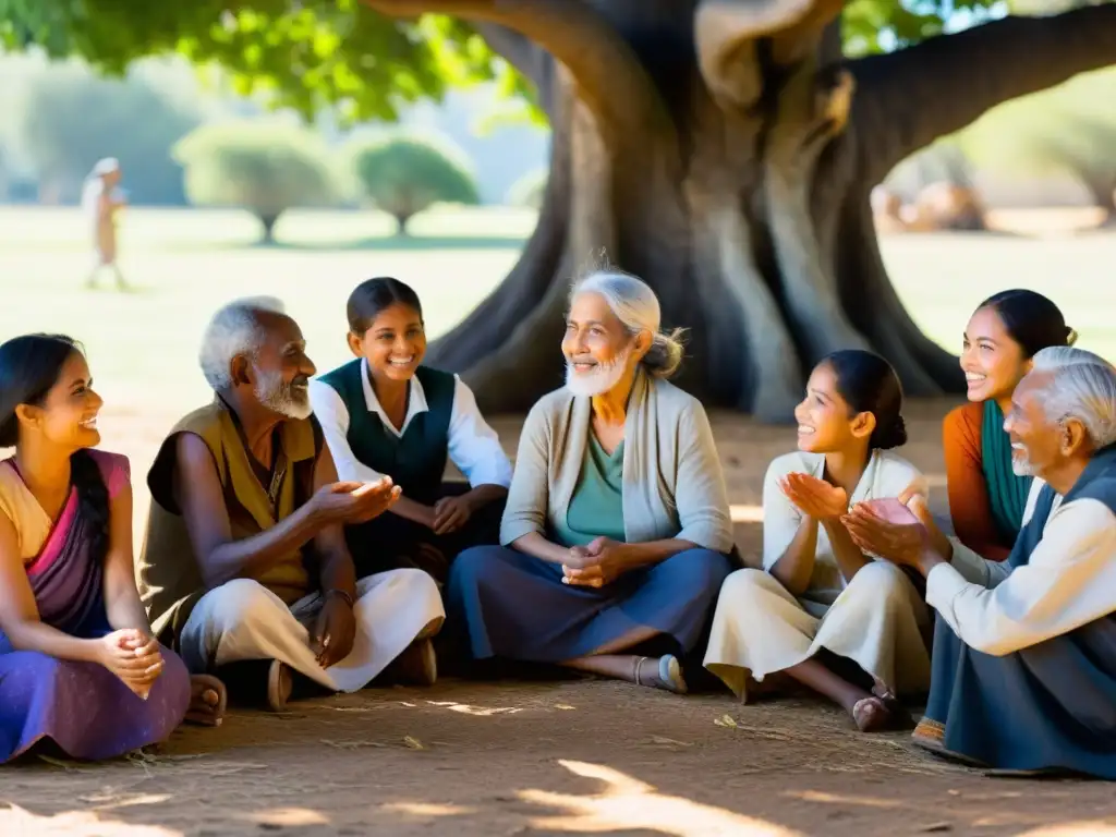 Grupo de ancianos escuchando atentamente a una joven cuentacuentos bajo un árbol centenario