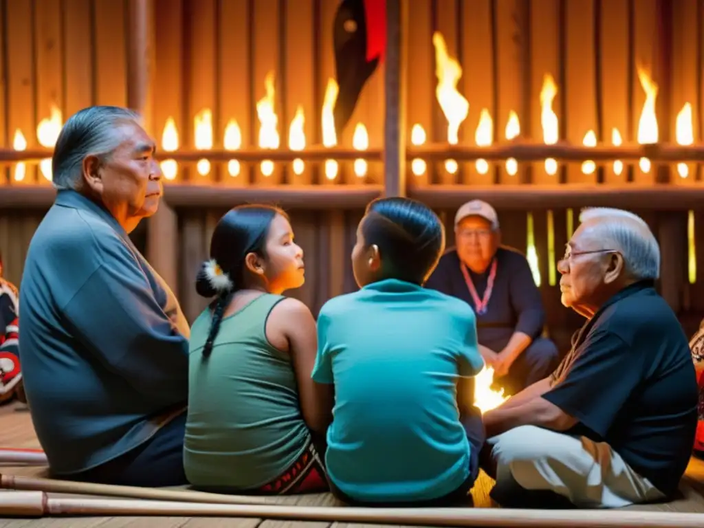 Un grupo de ancianos y jóvenes Haida en una casa larga tradicional, rodeados de totems y arte indígena