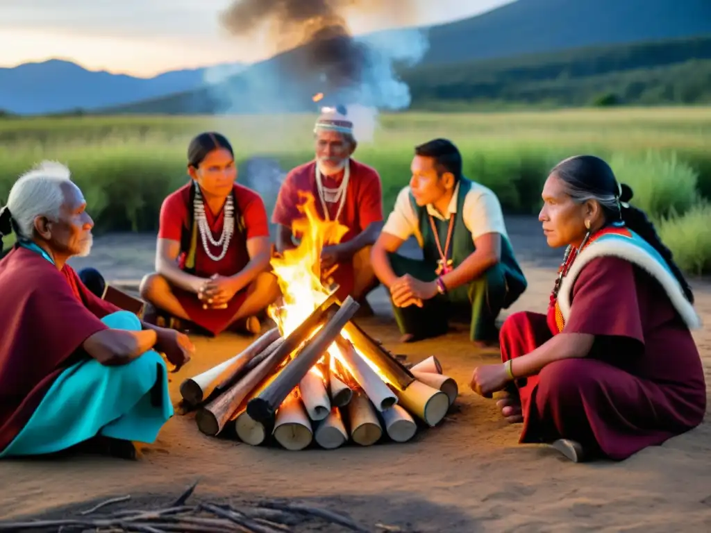 Grupo de ancianos y jóvenes indígenas reunidos alrededor del fuego, revitalizando lenguas indígenas con proyectos innovadores