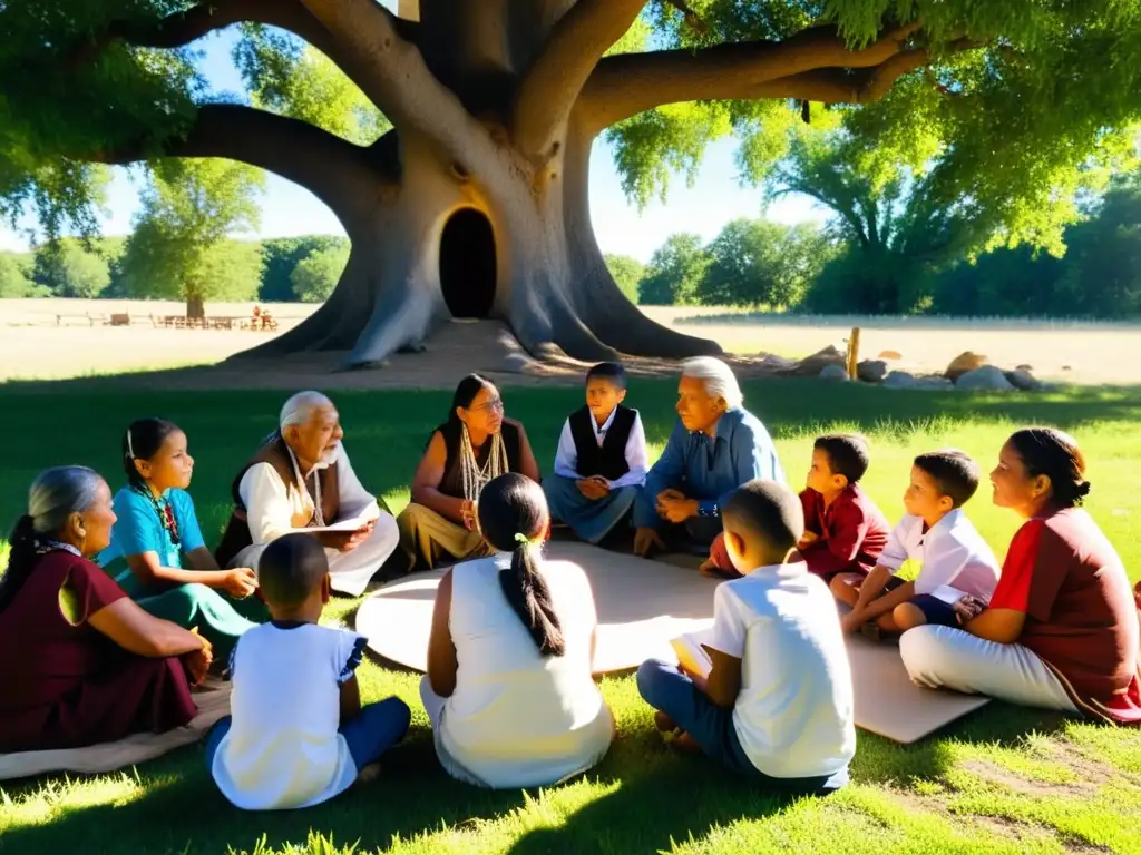 Grupo de ancianos Lakota enseñando el idioma ancestral a niños bajo un árbol, en un ambiente cálido