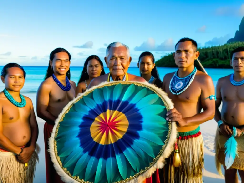 Grupo de ancianos micronesios en tradicionales atuendos preparándose para la tradición de coronación de jefes en Micronesia, en una playa soleada