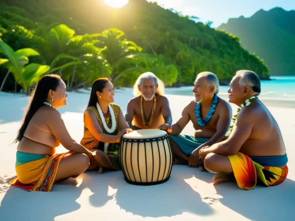 Un grupo de ancianos micronesios vestidos con atuendos tradicionales, cantando cantos ancestrales en una playa al atardecer con vegetación exuberante