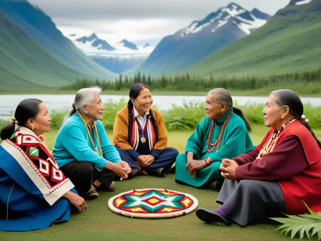 Grupo de ancianos nativos alaskanos en círculo, compartiendo historias tradicionales rodeados de naturaleza