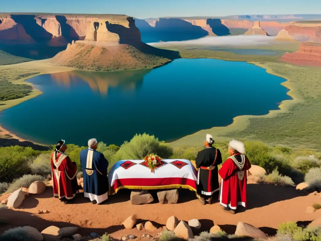 Un grupo de ancianos nativos americanos realiza un funeral tradicional, honrando a sus ancestros en un paisaje impresionante