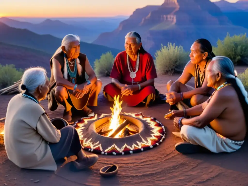 Grupo de ancianos nativos americanos tejiendo y elaborando cestas alrededor de una fogata, conectados con sus costumbres ancestrales y la naturaleza