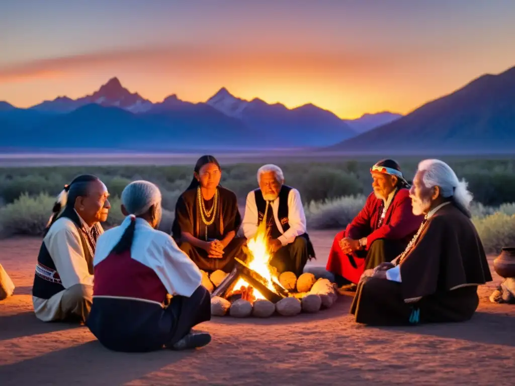 Grupo de ancianos nativos americanos en ceremonia alrededor del fuego, con montañas al fondo al atardecer