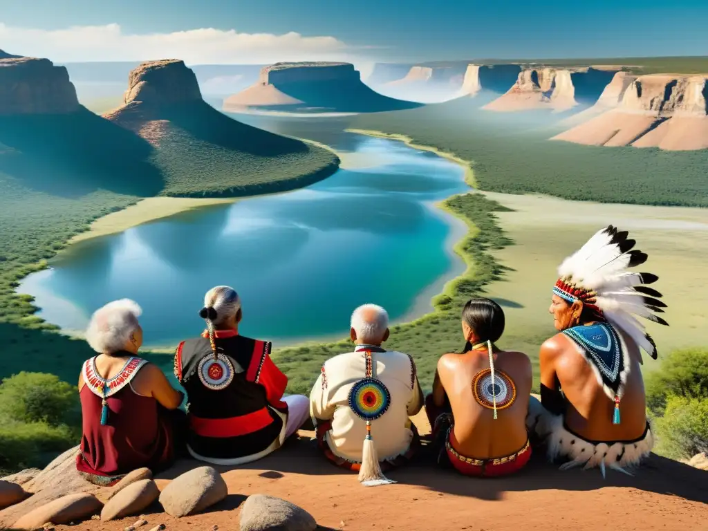 Un grupo de ancianos nativos americanos realiza un ritual sagrado en un paisaje vasto y prístino, adornados con plumas y coloridos tejidos