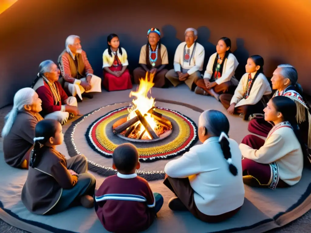 Grupo de ancianos y niños nativos americanos participando en una sesión de narración de cuentos alrededor de una hoguera, en un ambiente de costumbres ancestrales pueblos nativos americanos