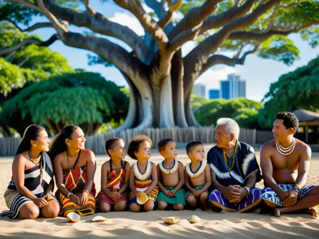 Grupo de ancianos y niños del Pacífico comparten tradiciones bajo la sombra de un árbol, contrastando con la urbanización occidental