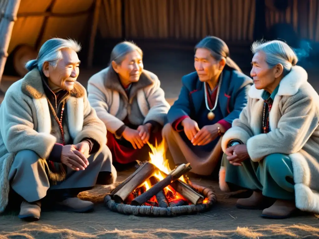 Grupo de ancianos siberianos realizando ritual tradicional con fuego en la nieve