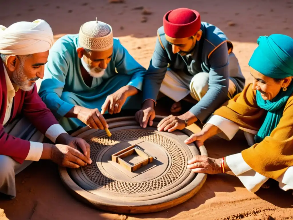 Un grupo de ancianos marroquíes juega T'bol en el suelo, mostrando tradición y habilidad en Marruecos