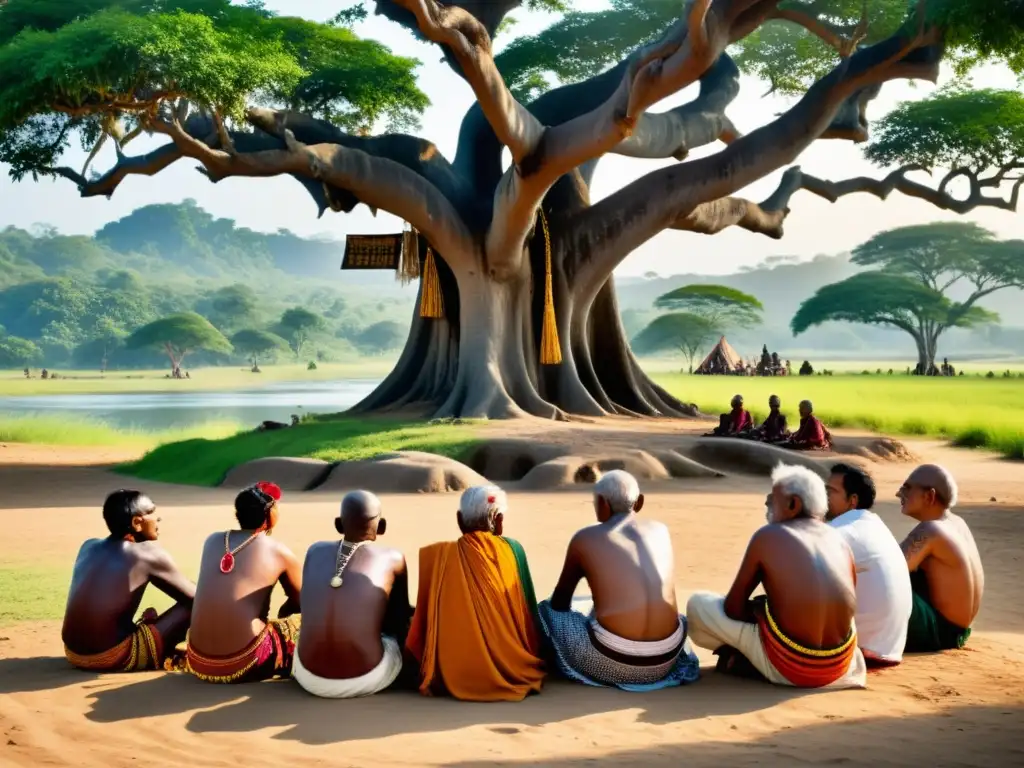 Un grupo de ancianos tribales, ataviados con coloridos trajes tradicionales, se reúnen bajo la sombra de un imponente árbol banyan para discutir