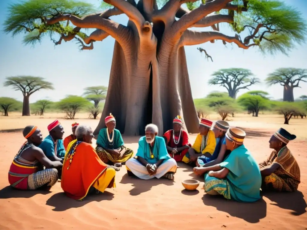 Grupo de ancianos tribales bajo el baobab, compartiendo sabiduría ancestral en círculo