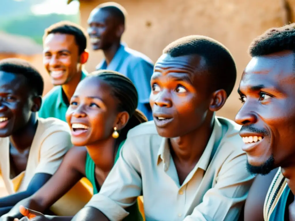 Grupo animado de hablantes nativos de francés en aldea africana, reflejando particularidades fonología francés en África