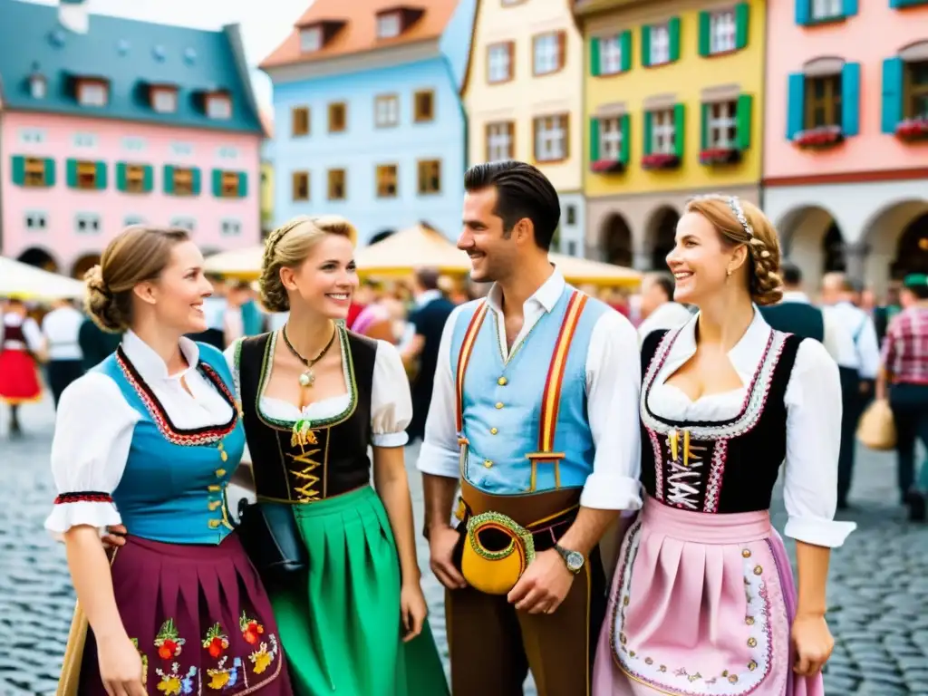 Un grupo con Lederhosen y Dirndl en un animado mercado de Baviera