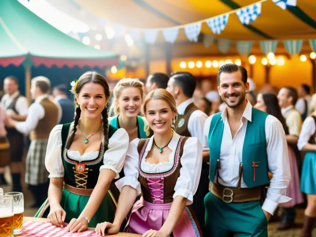 Grupo animado en el Oktoberfest en Múnich, vistiendo trajes tradicionales bávaros con vibrantes colores y detalles ornamentales