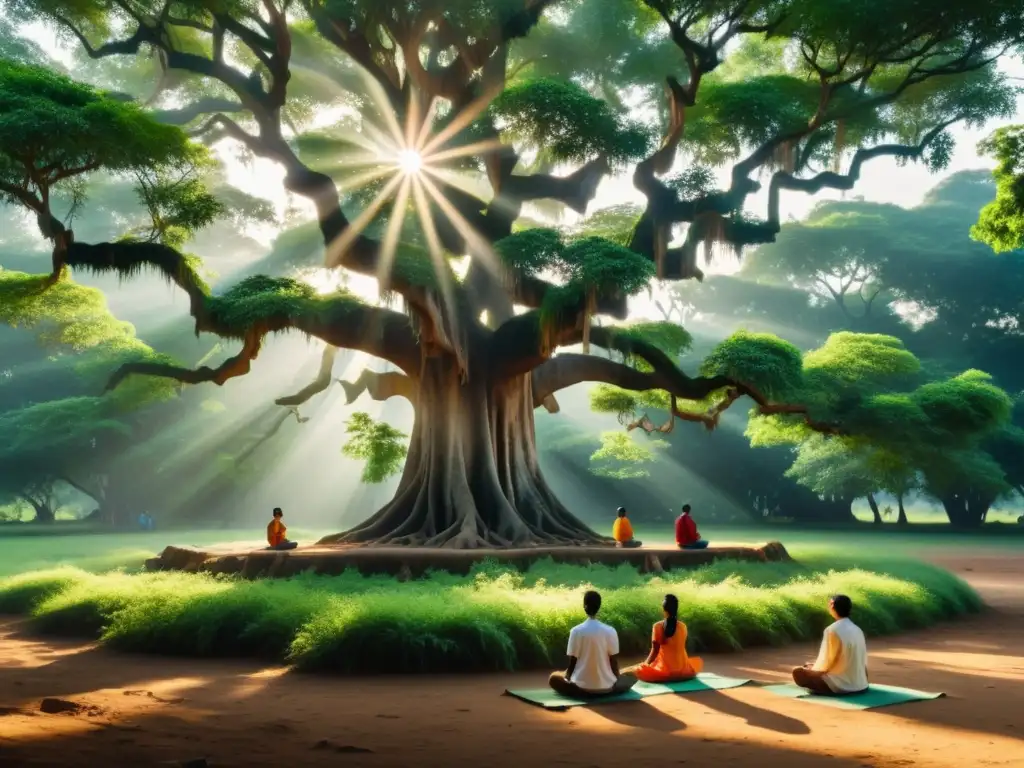 Grupo meditando bajo un árbol sagrado en un bosque exuberante de la India, evocando la espiritualidad de las técnicas de meditación india