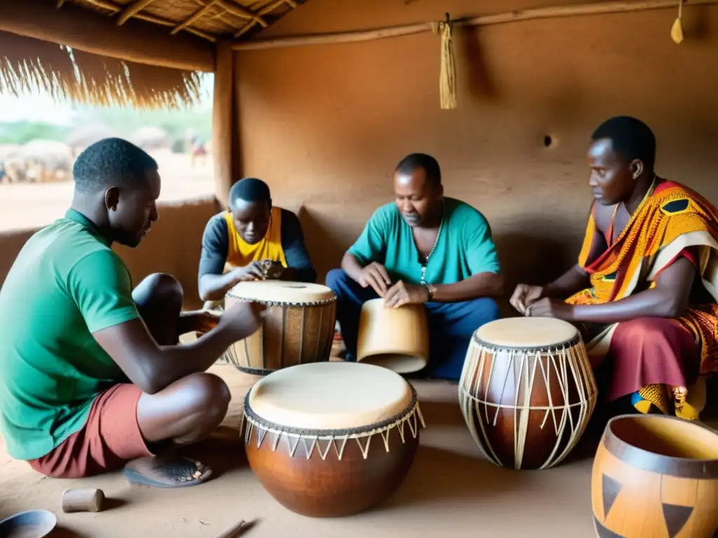 Un grupo de artesanos africanos fabricando tambores con meticulosidad en un taller rústico