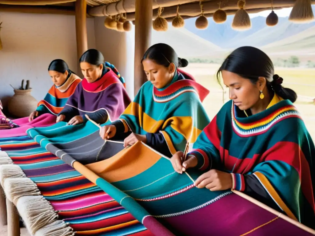 Un grupo de artesanos andinos teje con esmero ponchos coloridos, transmitiendo el origen y significado del poncho andino