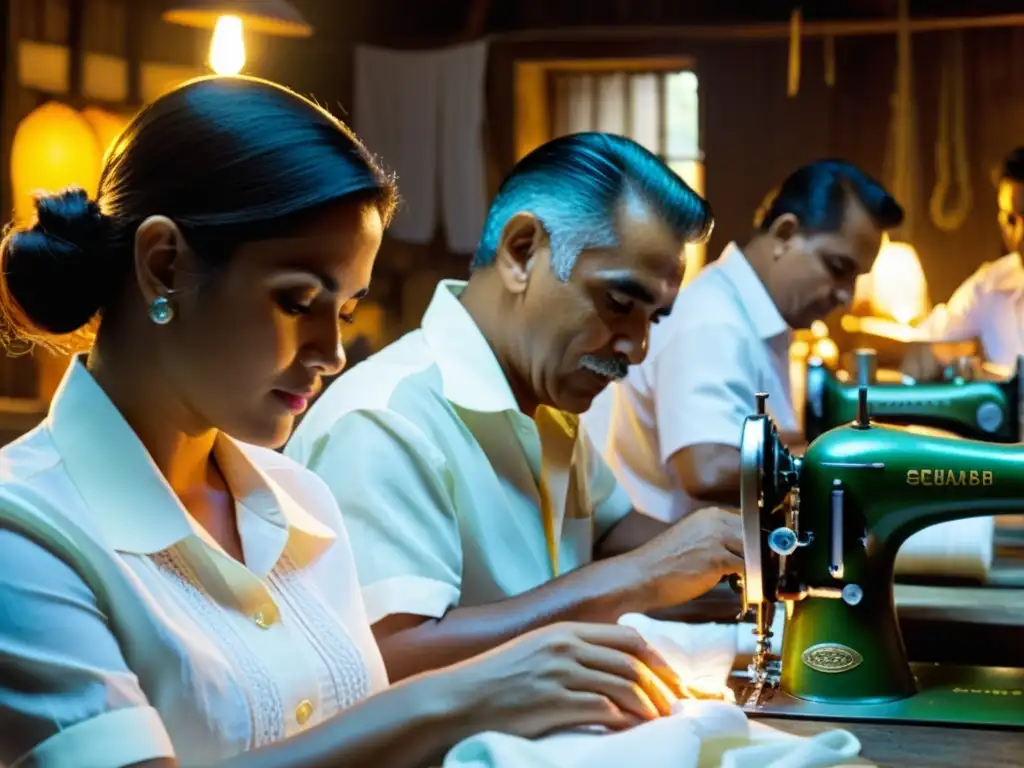 Un grupo de artesanos cubanos crea Guayaberas en un taller rústico, transmitiendo dedicación y tradición cultural cubana mundial