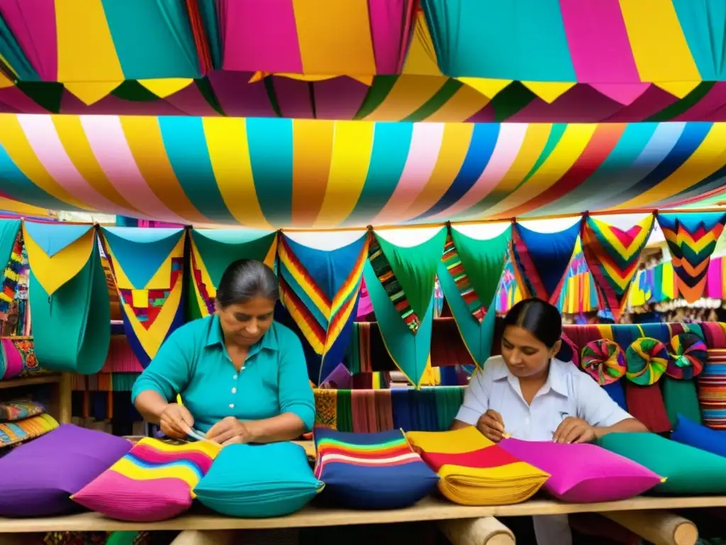 Un grupo de artesanos guatemaltecos confeccionan barriletes coloridos en un bullicioso mercado