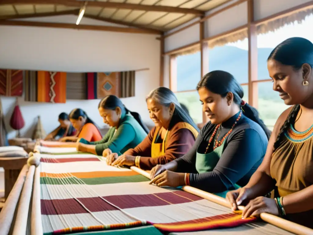 Grupo de artesanos indígenas creando moda étnica sostenible en un taller espacioso y luminoso, rodeados de textiles vibrantes en tonos terrosos