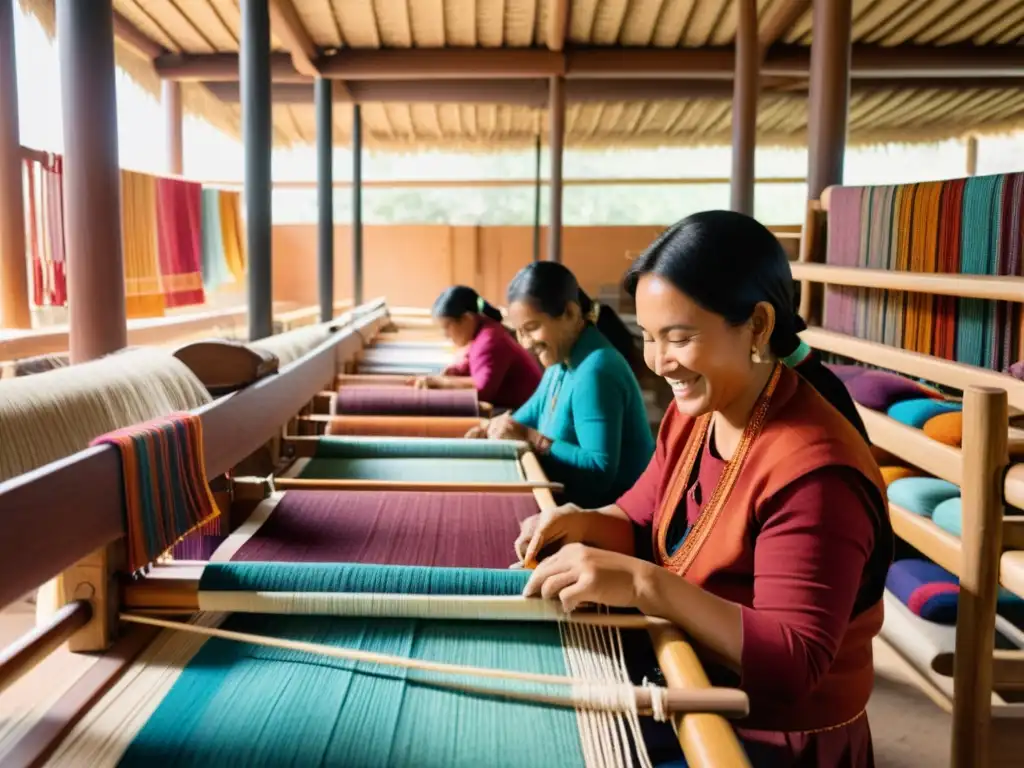 Un grupo de artesanos indígenas sonrientes tejiendo textiles vibrantes en telares de madera en un taller soleado y bullicioso