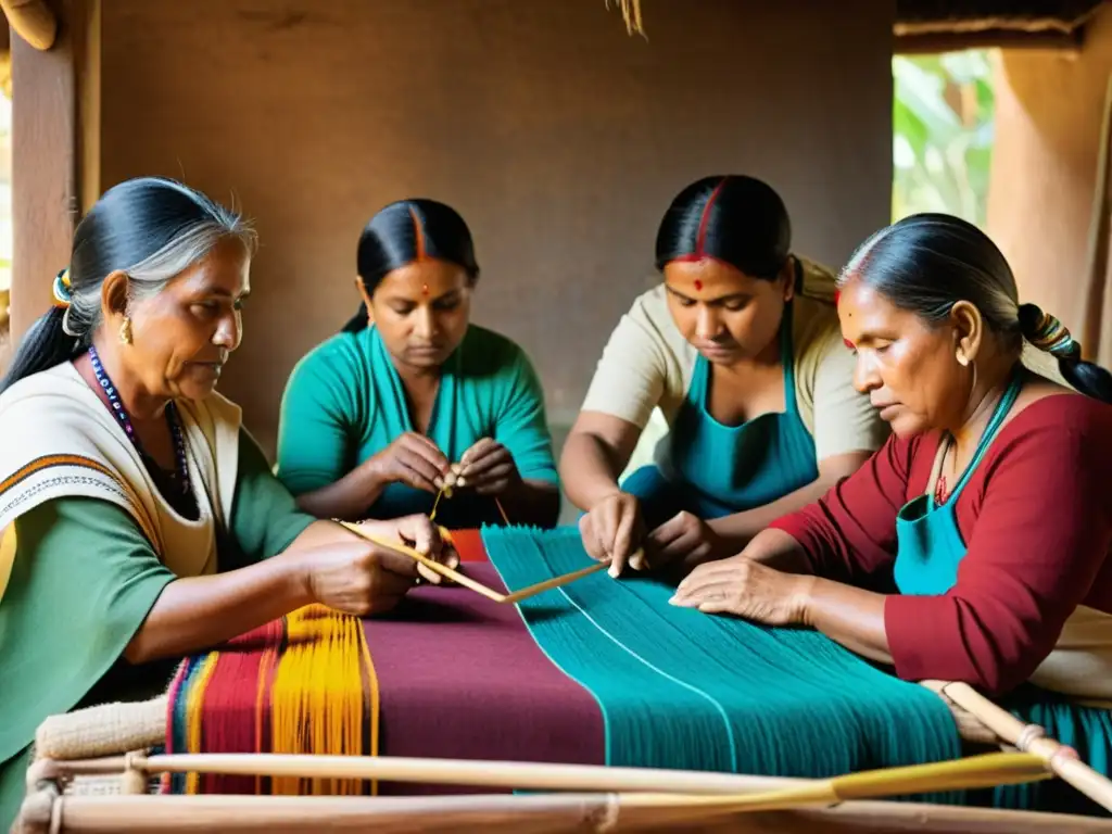 Un grupo de artesanos indígenas tejen telas tradicionales con tintes naturales, mostrando la esencia de su herencia cultural y la moda sostenible