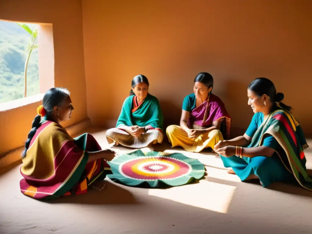 Un grupo de artesanos indígenas tejiendo textiles tradicionales con patrones e tintes naturales, en un ambiente cálido y lleno de historia