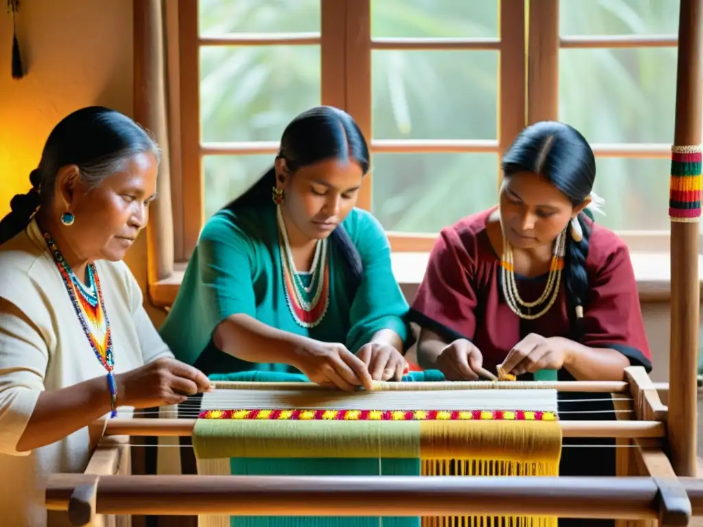 Un grupo de artesanos indígenas tejen textiles tradicionales con fibras naturales y colores vibrantes en un telar decorado