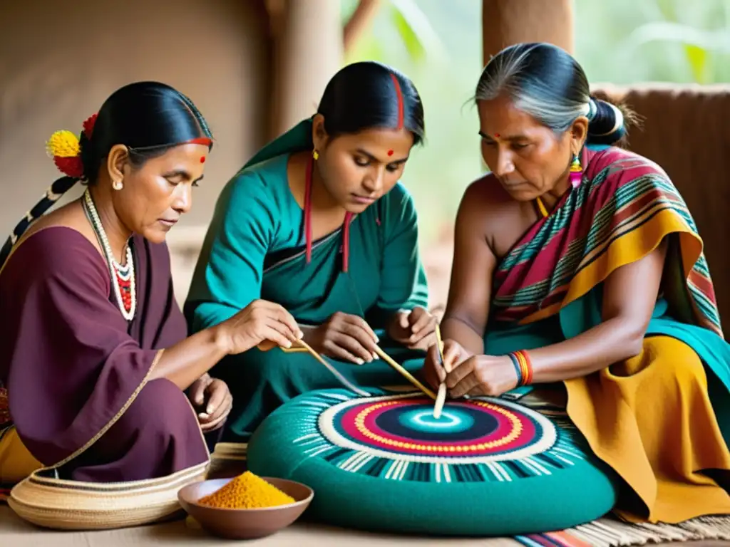 Un grupo de artesanos indígenas crea textiles tradicionales rodeados de tintes naturales y herramientas ancestrales