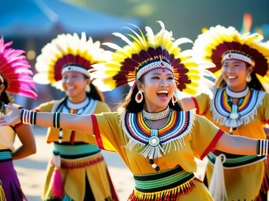 Grupo de artistas indígenas danzando con alegría en el Festival Kadayawan Filipinas, mientras la multitud observa con reverencia