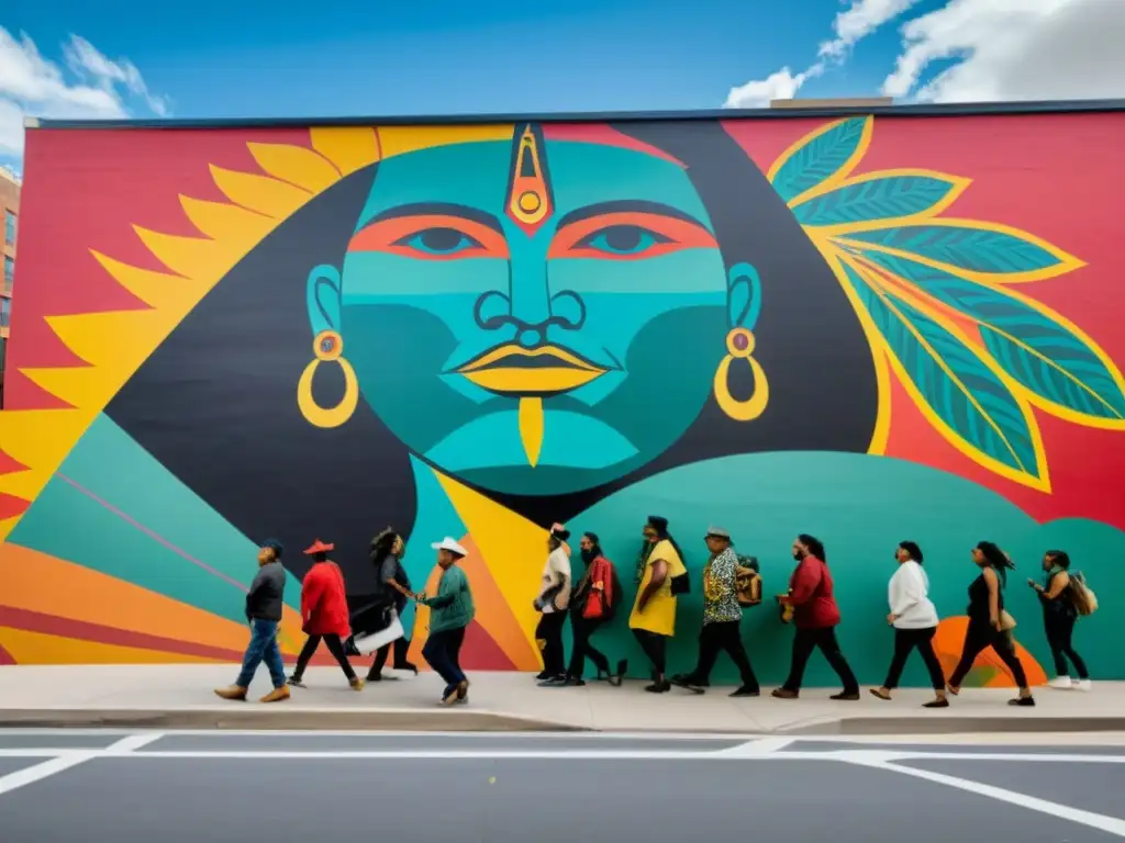 Grupo de artistas indígenas pintando un mural en la ciudad sobre lucha étnica y resistencia, con detalles y colores vibrantes